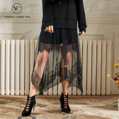 Thiết kế ban đầu cao eo cao dây kéo công nghiệp nặng đặt hàng kim cương phối cảnh váy lưới