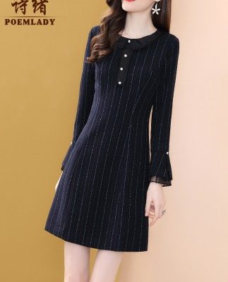 Váy sọc xanh nữ Shixu mùa đông 2019 mới tay dài cổ tròn có khí chất mỏng một chữ váy 51157