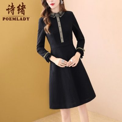 Đầm suông màu đen của Shixu diện váy nữ mùa đông giữa 2019 phong cách mới là váy dài tay a-line 51117