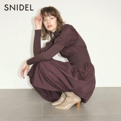 SNIDEL2019 mùa thu và mùa đông mới retro cao cổ phồng tay áo thắt eo đan váy xếp li SWFO195042
