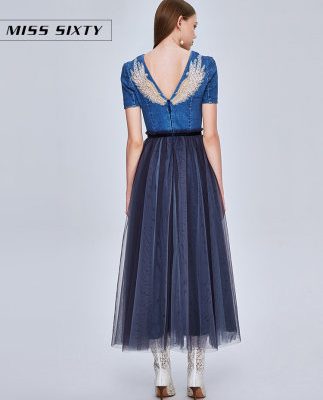 Hoa hậu Sixty2019 thu đông và đôi cánh thiên thần mới đính cườm eo lưới lưới gạc denim