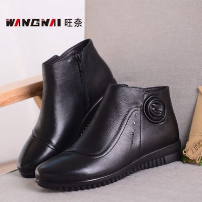Giày mùa đông giày cotton nữ bằng da cộng với nhung ấm cho phụ nữ trung niên và người cao tuổi Giày đế bằng cho người trung niên mềm mại thoải mái