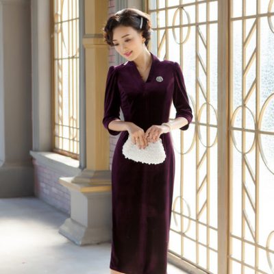 Yi Hongyan Ma Lian Phong cách Trung Quốc thanh lịch kiểu mới sườn xám mùa xuân nhung đầm nữ mới