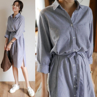 Mùa xuân và mùa thu của người hâm mộ Hàn Quốc Phụ nữ Áo dài trung bình Joker Váy Lapel Ren ren Casual sọc dài tay áo