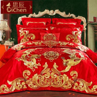 Đám cưới lớn rồng đỏ và phượng thêu chăn bao gồm giường cao cấp hi chăn bộ đồ giường mới cưới satin mười