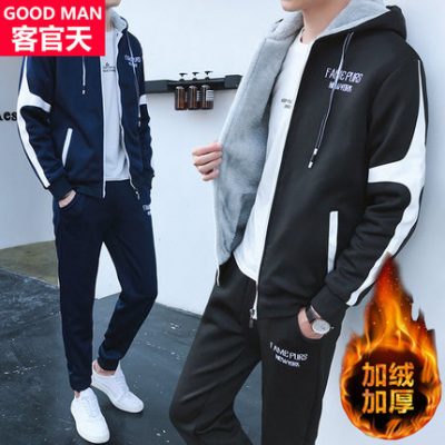 Áo len nam phù hợp cộng với áo khoác nhung dày, quần áo thể thao hai dây trẻ trung 2019 thu đông mới
