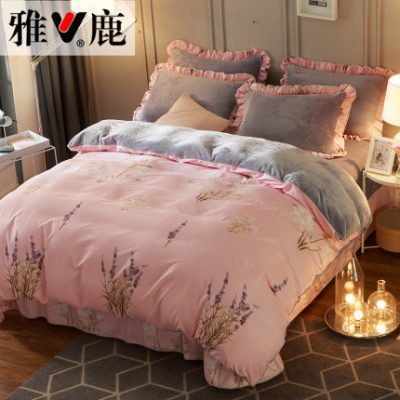Flannel bốn mảnh lưới đỏ nữ dày ấm ngắn nhung mùa đông pha lê san hô chăn tấm trải giường