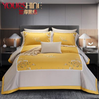 Màu vàng 60 Tribute Satin Phong cách Trung Quốc Bộ đồ giường cổ điển Cotton bốn mảnh Cotton Cover Cover 1.8 Giường Mỹ