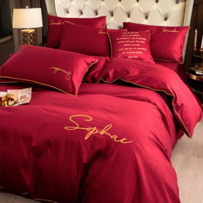 Ivy 60 kết hôn bốn mảnh cotton cotton thêu đơn giản lớn màu đỏ đám cưới hi bộ đồ giường cưới