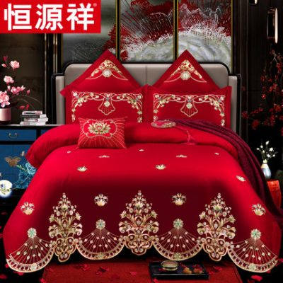 Bộ đôi đám cưới bằng vải bông Hoành Viễn Tường Bộ đồ giường lớn bằng vải bông màu đỏ