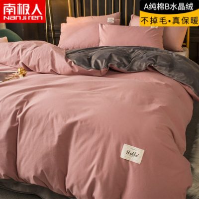 Một bông nguyên chất B san hô lông cừu bốn mảnh mùa thu và mùa đông bông flannel tấm chăn trải giường bộ ba mảnh