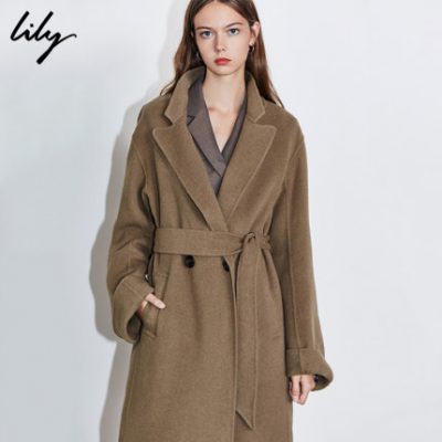 Lily2019 mùa đông mới của phụ nữ khí chất màu nâu lỏng thắt lưng thắt lưng áo len dài 1913
