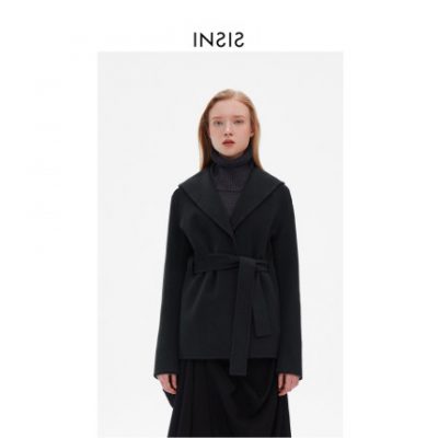 [Len Úc] INSIS FEMME Retro Navy Cổ áo Eo Áo len ngắn Thắt lưng