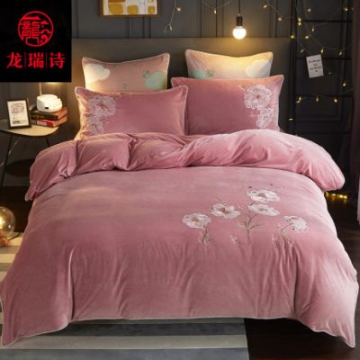 Dày nhung sữa ấm nhung nhung flannel bốn mảnh bé nhung lông cừu mùa đông Bộ đồ giường nhung hai mặt