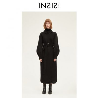 [Len Úc] INSIS FEMME Lapel Cổ áo Eo Đèn lồng tay Thắt lưng Thắt lưng dài Áo len Phụ nữ
