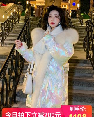 Cổ áo lông lớn sáng màu áo khoác nữ mùa đông 2019 mới giữa chiều dài lỏng thời trang áo khoác dày