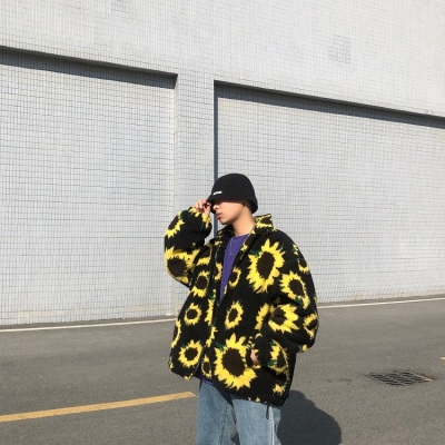 Áo khoác hoa họa tiết len ​​lông cừu in hip-hop thủy triều thương hiệu high street lỏng đôi ấm áp áo khoác cotton nam