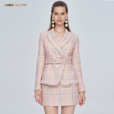 Hoa hậu Sixty 2019 thu đông phong cách mới với thắt lưng retro nhỏ nước hoa gió tweed kẻ sọc áo len nữ