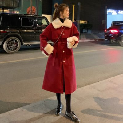 Năm mới áo len cashmere hai mặt màu đỏ cổ tích áo khoác nữ mùa thu đông trong phần dài của năm 2019 hoang dã mới phổ biến