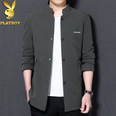 Playboy's flagship trench coat jacket nam đứng cổ áo phong cách Hàn Quốc thời trang giản dị mùa xuân và áo khoác mùa thu trong phần dài