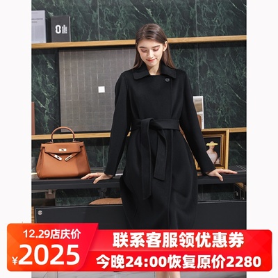Áo khoác cashmere hai mặt màu đen nữ cao cấp giữa dài đến quá gối Áo len nhỏ eo 2019 mới