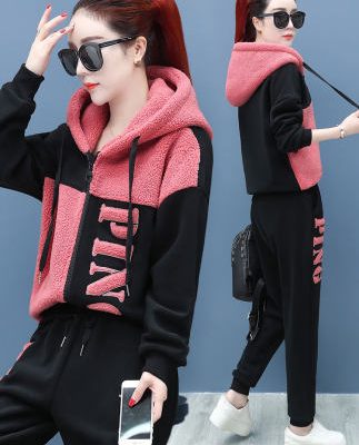 Áo khoác lửng nhung nữ thể thao giản dị 2019 thu đông mới Hàn Quốc rộng rãi cộng với áo len nhung dày hai mảnh