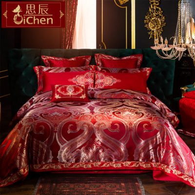 Bộ đồ giường cưới cao cấp theo phong cách châu Âu Bộ bốn món, satin satin lớn lễ hội màu đỏ, bộ đám cưới nhiều mảnh