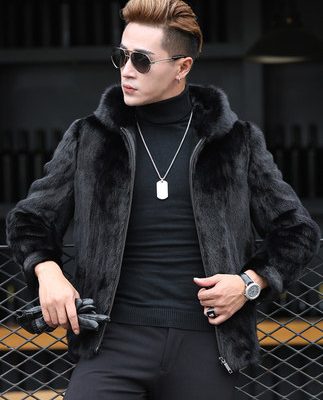 Áo khoác lông chồn hợp thời trang nam trùm đầu toàn chồn Hained lông chồn lông cỏ mùa đông da ngắn
