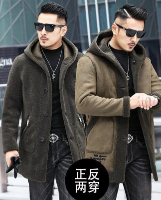 Lông xù lông tất cả trong một nam dài trùm đầu lông hai mặt lông cừu hạt lông cừu thêu lông thủy triều