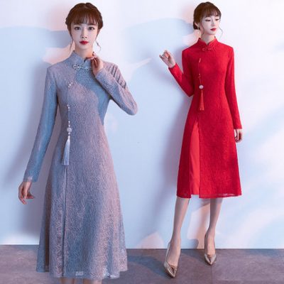 Cộng với size váy mùa thu và sườn xám chỉnh sửa của phụ nữ trong phần dài của người chị béo retro là váy mỏng kiểu Trung Quốc