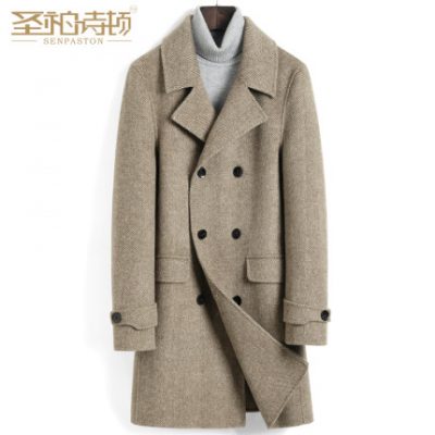 Áo khoác len dày nam dài đôi ngực xương cá không lông cashmere