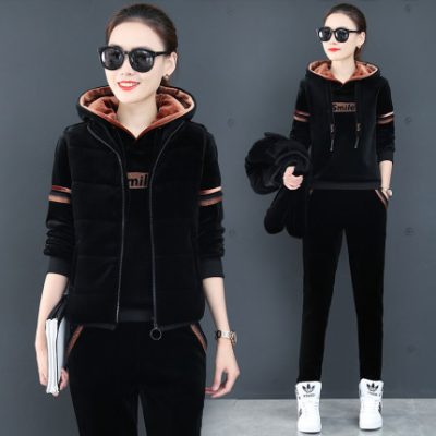 Bộ đồ thể thao nữ mùa đông 2019 mới giản dị thời trang ấm áp mùa đông cộng với nhung vàng dày ba mảnh mùa đông