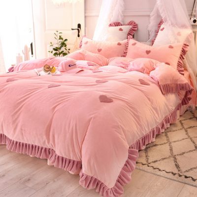 Mùa đông san hô lông cừu bốn mảnh kiểu công chúa lông cừu dày cô gái ấm áp chăn giường loại giường