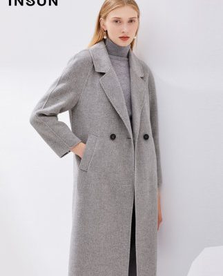 Yinger Enshang 2019 mùa đông mới ấm áp phù hợp với cổ áo len đôi ngực thẳng dài áo khoác len nữ