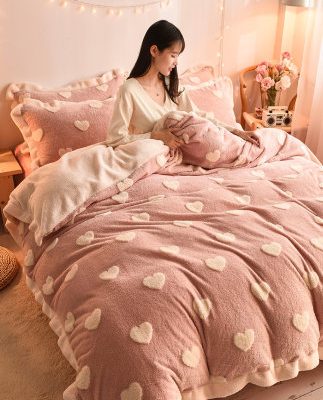 Bộ đồ giường mùa đông cation san hô lông cừu bốn mảnh cô gái trái tim dày flannel da cừu chăn tấm bìa
