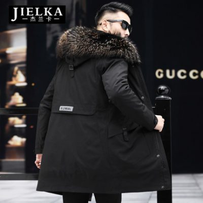 Winter Fur Hained Pie Vượt qua lông thú nam Một con thỏ lông lót lông cổ áo trung bình dài áo dày