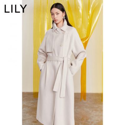 LILY2019 mùa đông mới của phụ nữ lỏng lẻo thắt lưng len nguyên chất hai mặt áo khoác len dài 1508