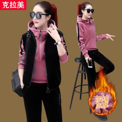 Bộ đồ thể thao nữ mùa đông dày cộng với áo hai dây nhung 2019 mới mùa thu và mùa đông nhung vàng áo len hai mặt nữ mùa đông