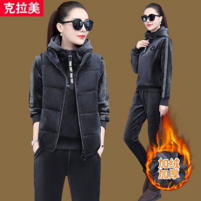 Áo len phù hợp với mùa thu đông 2019 phụ nữ mới cộng với quần nhung dày thể thao ba mảnh phù hợp với áo trùm đầu cỡ lớn đi du lịch