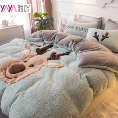 Lông cừu nhung san hô lông cừu hai mặt dày flannel Bộ đồ giường bốn mảnh da lộn cho bé mùa đông cộng với nhung