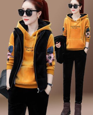 Áo nỉ lụa vàng thể thao phù hợp với nữ mùa thu đông 2019 mới cộng với áo len nhung dày ba mảnh thời trang giản dị