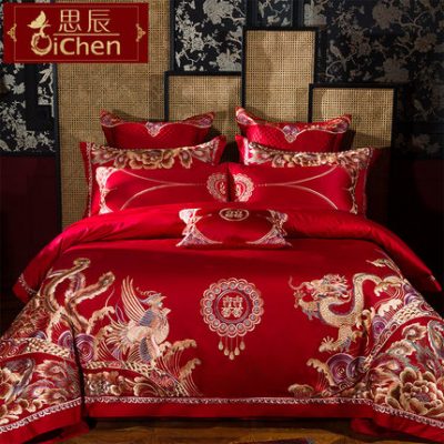 Bộ đồ giường cưới đám cưới Bông lớn màu đỏ Bộ đồ cưới mười mảnh Bộ rồng cao cấp và bộ đồ giường thêu chăn bốn bộ