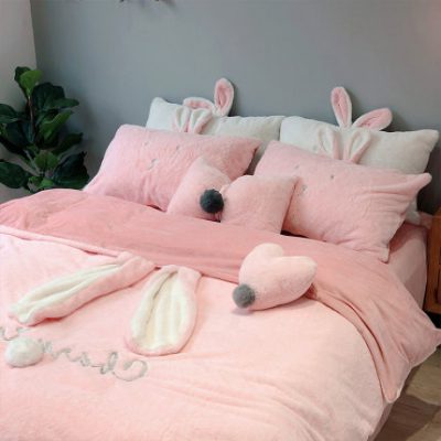 Nàng tiên nhỏ san hô lông cừu bốn mảnh flannel cộng với nhung thỏ nhung cô gái bộ đồ giường trái tim mùa thu và mùa đông chăn