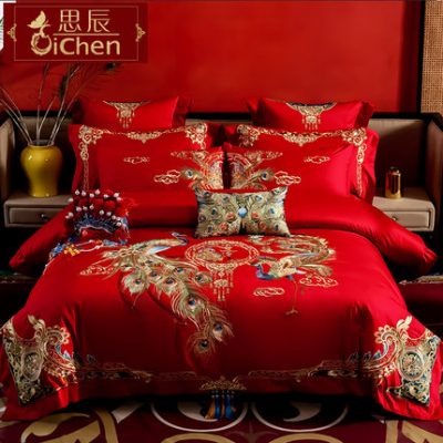 Bộ đồ cưới bốn mảnh Sichen thêu con công màu đỏ mới cưới bộ chăn ga gối bông mười bộ