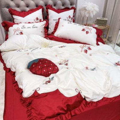 60 bông dài chủ yếu cotton hoạt hình thêu bông màu hồng dễ thương cô gái bộ đồ giường trái tim