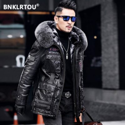 Thời trang đông 2019 chiếc bánh mới khắc phục áo khoác da nam có mũ trùm đầu xu hướng lông thú trẻ trung