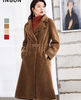 Yinger Enshang Lông cừu đan ấm áp lớn Ve áo mỏng vừa dài Áo len dài mùa đông Mới