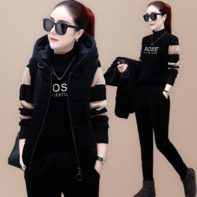 Vàng nhung phù hợp với nữ cộng với nhung dày Hàn Quốc áo trùm đầu mùa đông lỏng lẻo quần áo thể thao hai mặt áo len lông cừu ba mảnh