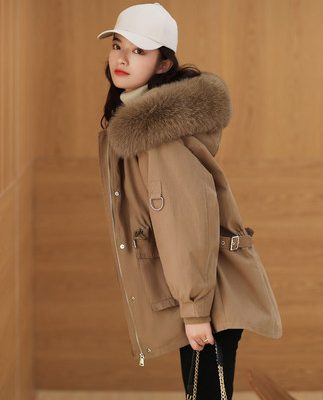 Áo khoác mùa đông 2019 kiểu mới cotton cổ áo lông thú rộng dây rút mũ trùm đầu cộng với nhung dày để khắc phục áo khoác mỏng cho nữ