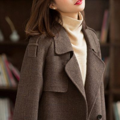 Áo khoác cashmere hai mặt nữ mùa đông giữa chiều dài đi lại retro Tiếng Wales kiểm tra thời trang áo khoác len Hàn Quốc